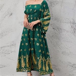 SHEIN Asymmetrical Floral Green and Gold Dress